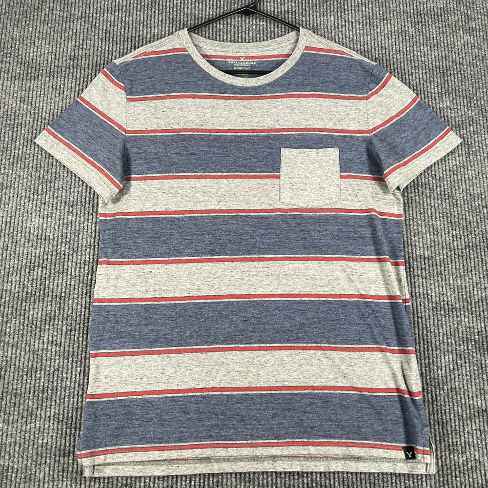 American‎ Eagle Mens Shirt Large Gray Blue Striped Short Sleeve Pocket